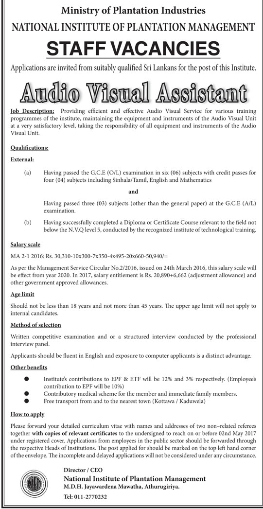 Audio Visual Assistant - National Institute of Plantation Management